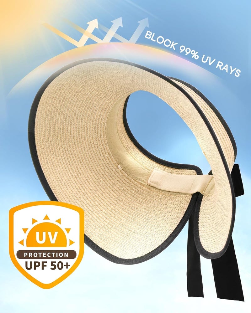 Camptrace Sun Visors for Women Wide Brim Beach Hat Foldable Straw Visor Hat Ponytail Summer Packable UPF 50+ - Image 2